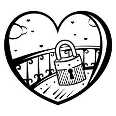 Black and white vector illustration of a love lock on a bridge railing inside a heart shape