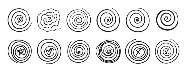 Doodle spiral swirl motion element set. abstract hand drawn round spiral line. spiral with a symbol inside