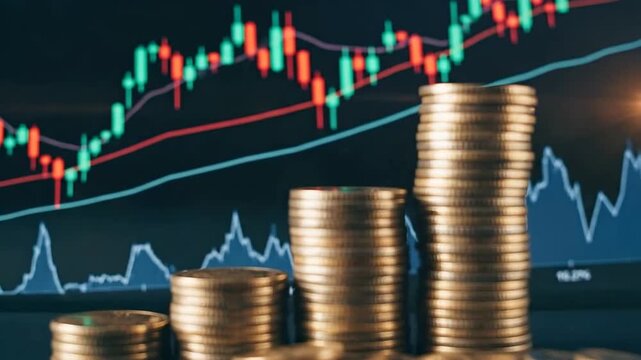 Stacks of coins in front of a financial chart showing price fluctuations.