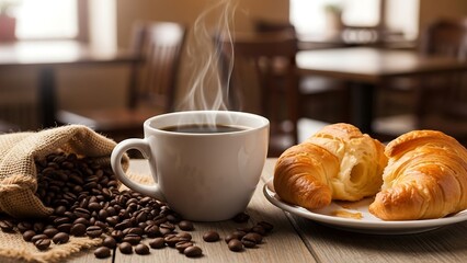Steaming cup of coffee with croissants.