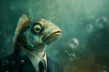 Surreal anthropomorphic fish in elegant suit for creative design inspiration