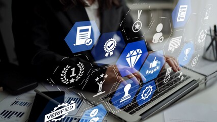 Quality approval and certification icons showing verified badge, standard check, award, trophy,...