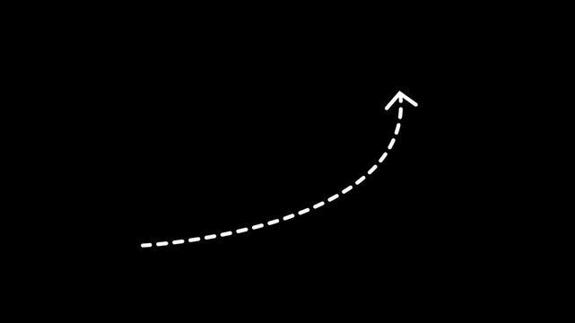 Wavy up arrow direction icon with dotted line animation on background. Doodle arrows Curved white dashed arrow animated. 4k
