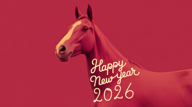 A striking portrait of a red horse with the text happy new year 2026 elegantly displayed against a matching backdrop