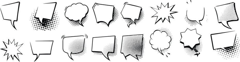 A collection of black and white drawings of speech bubbles