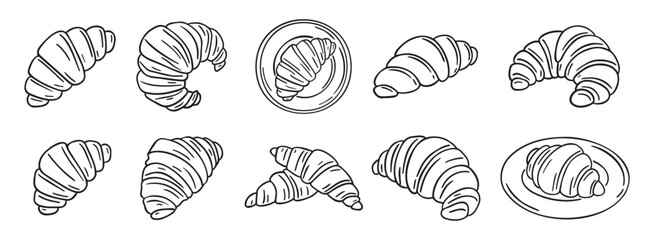 Fototapeta premium croissant doodle hand drawn icon set. Outline drawing croissant french breakfast line clipart symbol collection