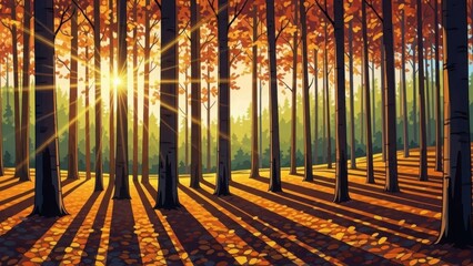 Golden sunlight streams through a dense autumn forest, casting long, dramatic shadows across the fallen leaves on the forest floor.