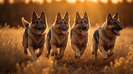 Four German Shepherds Running Joyfully Through a Golden Field at Sunset