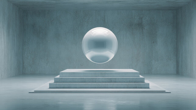 Radiant AI sphere hovering above a minimalist platform, futuristic purity concept