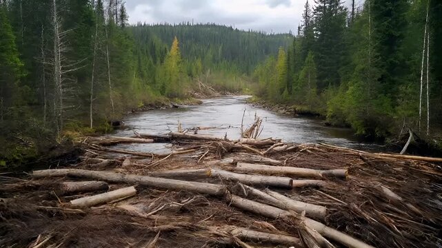 Deforestation. Environment conservation. Ecosystem. Aerial view of a forested area with a river flowing through it, and a pile of logs partially submerged in the water.