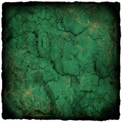 A green background with a gold border and a design of leaves. The background is cracked and the design is intricate