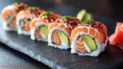 Sushi rolls with salmon and avocado, elegant food presentation, modern style