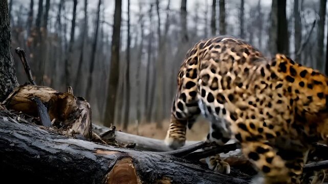 Deforestation. Environment conservation. Ecosystem. A leopard resting on a fallen tree in a forest setting.