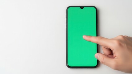 Hand interacting with smartphone having green screen