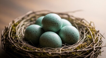 Obraz premium Close up of bird eggs in a nest on a wooden surface