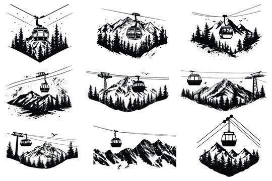 cable car vector set with mountain gondola and alpine transport silhouette illustration