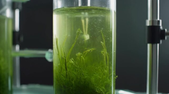 Fresh green juice in a lab-style blender with bubbling ice and minty leaf textures in glass cylinder