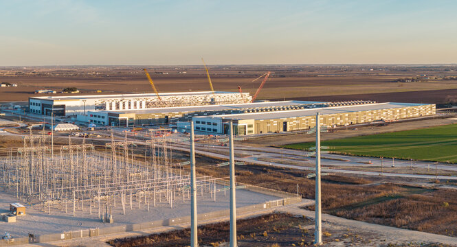 Hutto, TX - 31 December 2025: Construction Oncor electricity power plant by new Skybox Power Campus data colocation center in North Austin Texas