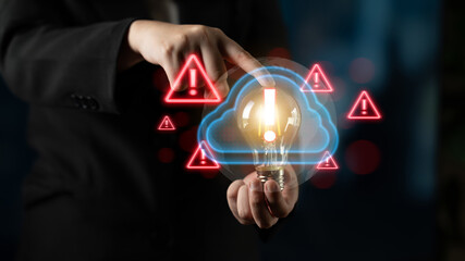 Red alert triangles over a blue cloud icon, symbolizing cloud security threats, system warnings, and data protection risks in digital environments Parse