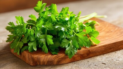 Fresh parsley sits on a wooden cutting board, vibrant and green. Perfectly prepped for adding flavor and garnishing dishes in a home kitchen setting.