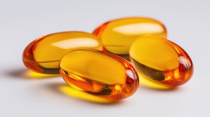 Four yellow gelatin capsules rest on a smooth light surface, suggesting their use for dietary supplements or vitamins that promote health and wellness.