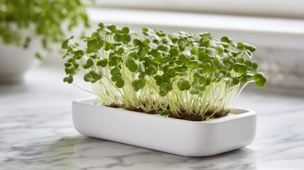 Fresh microgreens are thriving in a sleek white planter placed on a marble countertop, enjoying natural sunlight in a cozy kitchen. The lively green sprouts add vibrancy and freshness.