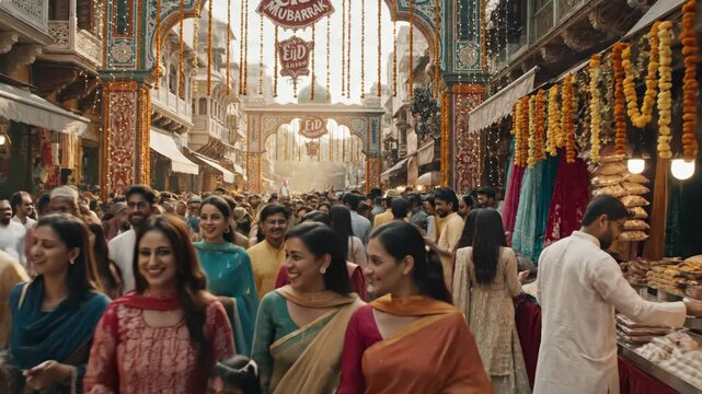 Vibrant wide shot of smiling indian women walking through a crowded, ornate ramadhan bazaar.