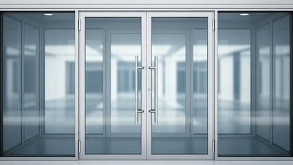 Obraz premium A modern, sleek office entrance features reflective glass double doors framed by large transparent walls.