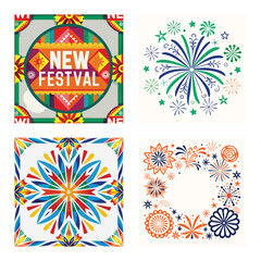 Festive Celebration Set with Vibrant New Festival Typography, Colorful Fireworks Starburst Patterns, and Symmetrical Geometric Mandala Art Illustrations
