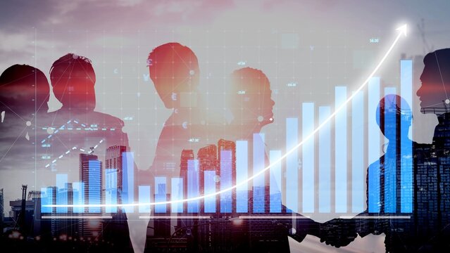 Conceptual image depicting business growth and collaboration with financial data visualization over an urban skyline, illustrating teamwork, success, and innovation. Copula - Powered by Adobe