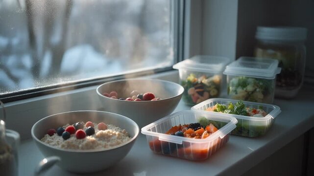 Breakfast bowls and meal prep containers on windowsill with natural light