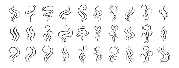 Fire steam or Line smoke doodle hand drawn set. smell waves from food or coffee and beverages sketch style.