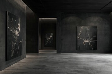 Obraz premium Luxury dark minimalist interior with clean architectural lines, concrete textures, and soft lighting, creating an elegant and modern spatial atmosphere.