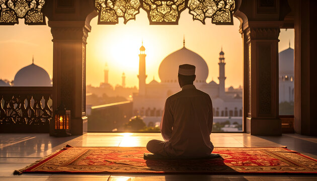 Man Sitting Meditating in Mosque During Sunset with Ornate Architecture and Dome Silhouettes