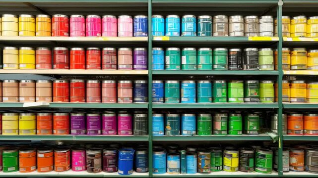Colorful paint cans arranged on store shelves, Colorful Paint Cans Neatly Arranged on Store Shelves Creating a Vibrant Retail Display