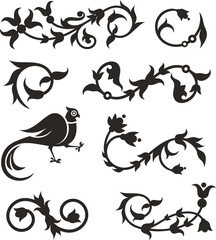 Vector Byzantine ornamental floral set with bird. Traditional decorations from ancient Greece, Eastern Roman Empire. Great for page decorations, greeting cards, wedding decor, textiles, carpets, silk