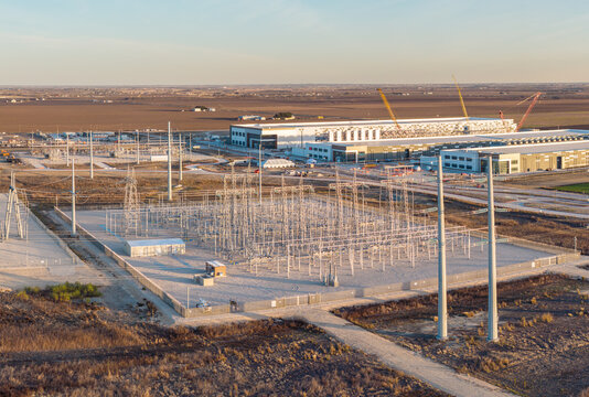 Hutto, TX - 31 December 2025: Construction Oncor electricity power plant by new Skybox Power Campus data colocation center in North Austin Texas