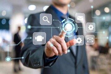 Fototapeta premium Digital Interface for Business Innovation: Hybrid Workplace with Smart Devices and Cloud Computing in Professional Corporate Environments