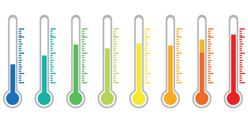A row of colorful thermometers showing different temperature levels on a white background