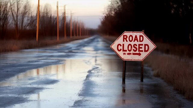 Natural disaster. Devastating loss aftermath scene. A road closed sign on a wet road with puddles reflecting the sky and trees. The sign is red with white lettering.