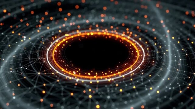 Abstract digital art of a glowing circular structure with particles.