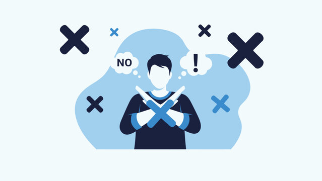 a stylistic illustration depicts a person rejecting ideas symbolized by x marks and a no thought bubble