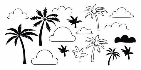 Fototapeta premium Black and white illustration of tropical palm trees and fluffy clouds