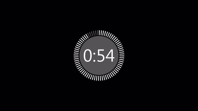 One minute countdown animation with transparent background, countdown timer from 60 seconds to 0 seconds with minute and seconds, One minute countdown timer with alpha channel in 4k.
