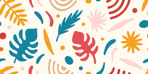 Obraz premium Colorful abstract botanical pattern with leaves shapes and playful design elements