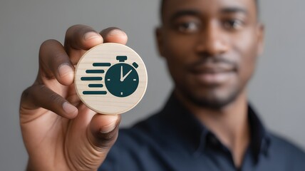 Time management concept, Businessman holding circular wooden blocks with clock icon, Work planning for increases efficiency and reduces work time. Business project planning.