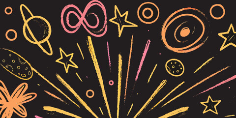 Colorful chalk drawing of planets stars and cosmic elements on a black background © Savankar