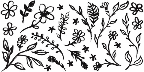 Black and white floral doodles with leaves and whimsical botanical sketches