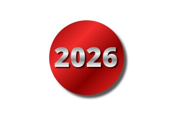 2026 metallic gold year text on red round badge isolated on white background