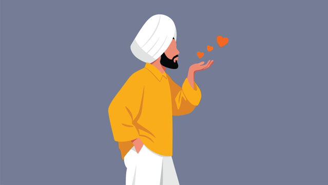 a digital illustration depicts a sikh man in a yellow shirt blowing hearts expressing love and affection with a charming style
